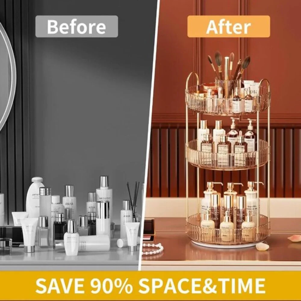 New 360° Rotating Makeup Organizer, Large 3-Tier Cosmetic & Skincare Storage